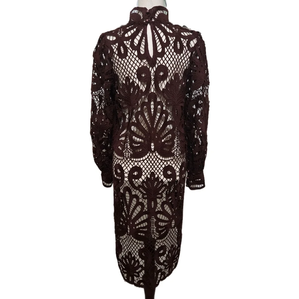 Boston Proper Chocolate Brown Crochet Lace High-Low Top Mock Neck Size Medium - Picture 6 of 13